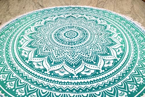 Round Beach Tapestry Turquoise Mandala Throw/Boho Hippie Beach Blanket Roundie/Indian Cotton Bohemian Large Round Table Cloth-Home Decor/Yoga Mat Meditation Picnic Rug (70", Green and White)
