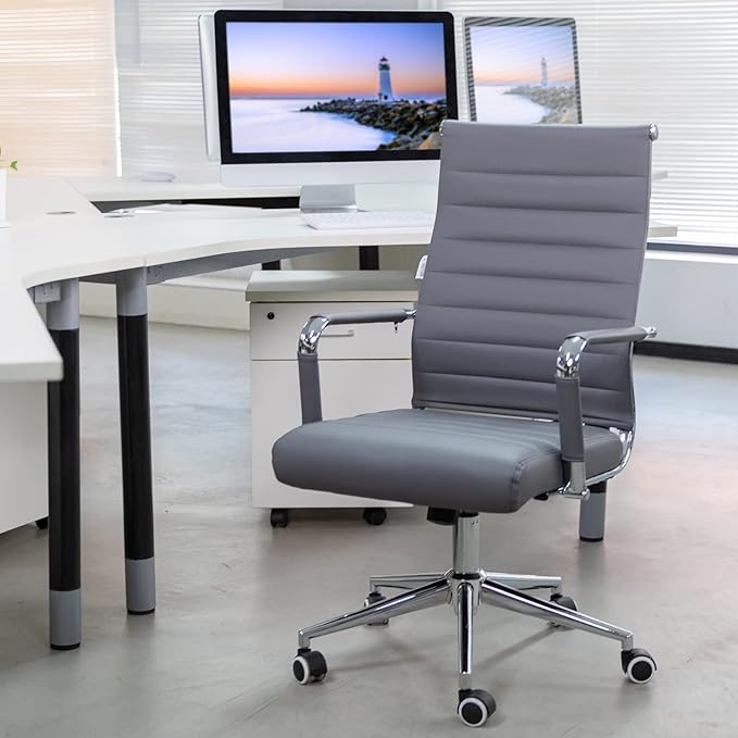 Okeysen Ergonomic Office Desk Chair, Modern PU Leather Conference Room Table Chairs Ribbed, High Back Executive Swivel Rolling Chair for Home, Office (Grey-Ribbed)