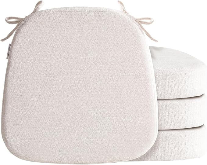 D-Shaped Chair Cushions for Dining Chairs, 2.5” Thick Chair Pads with Washable Comfortable Textured Cover, Non Slip Kitchen Chair Cushions with Ties, 16.5" x 16.5", 4 Pack, Creamy White