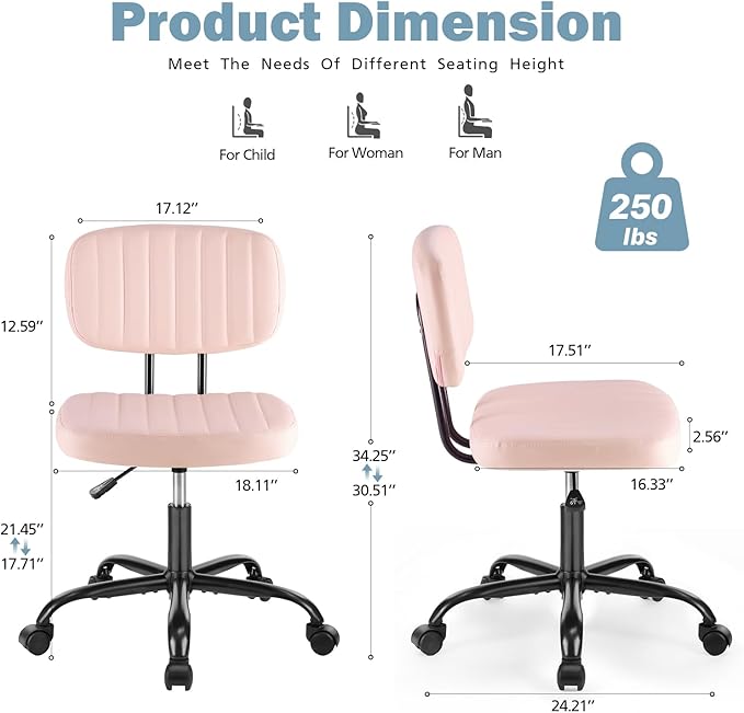 DUMOS Armless Home Office Executive Chair - Small Desk Chair with Low Back Lumbar Support, Height Adjustable PU Leather Computer Task Chair with 360° Swivel Wheels, for Adults, Pink