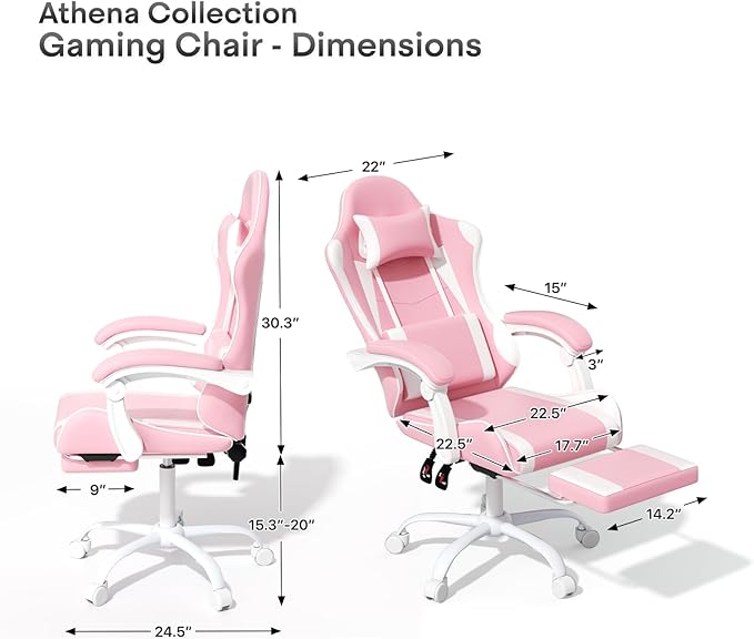 Athena Collection Gaming Chair, Ergonomic Gaming Chair with Footrest & Headrest Lumbar Support, Height Adjustable Swivel Computer Chair Office Chair for Kids Adults(Pink)