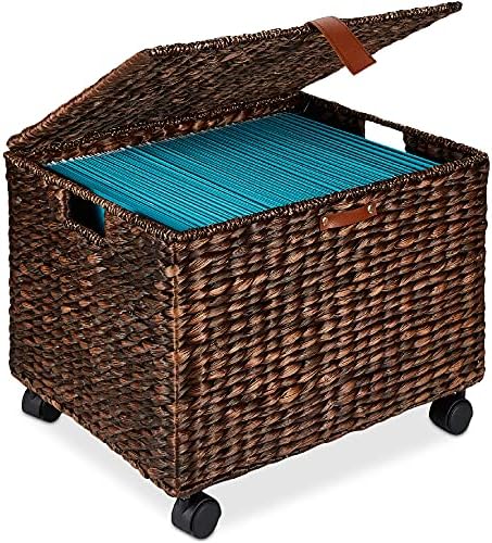 Best Choice Products Handwoven Water Hyacinth Rolling Filing Cabinet, Mobile File Organizer for Hanging Folders W/Lid and Locking Wheels For Home or Office – Brown