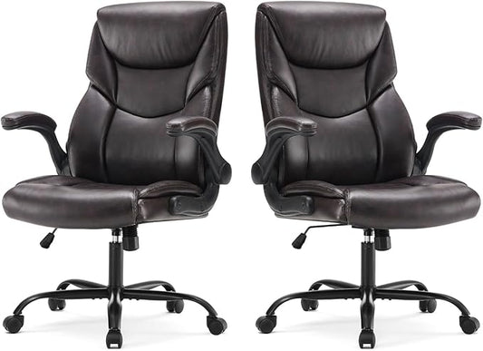 Sweetcrispy Ergonomic Computer Gaming Office Chair Set of 2, Heavy Duty Task Desk Swivel Rolling Chairs with Wheels, Flip-up Arms, Adjustable Height, PU Leather,Dark Brown