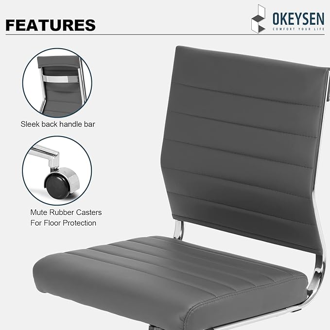 Okeysen Armless Office Desk Chair, Mid Back Leather Conference Room Chairs Without Armrests, Modern Office Chair Ribbed.