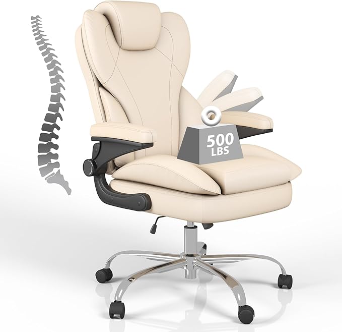 Office Chair, Home Desk Chair, Ergonomic Computer Chair with Lumbar Support, Executive Leather Chair with Flip-Up Armrests, Big and Tall Swivel Rolling Chair, Beige
