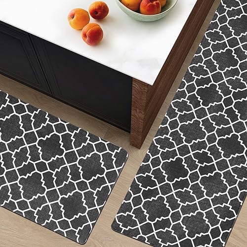 FRESHMINT Kitchen Mat Set of 2, Anti-Fatigue Cushioned Kitchen Mats for Floor, Waterproof Non Slip Comfort Standing Mat, Boho Kitchen Rug for Kitchen Decor, Sink, Office, 17"x30"+17"x47", Black
