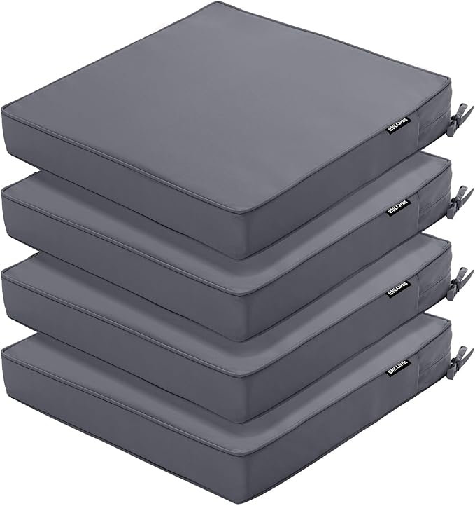 4 Pack Outdoor Chair Cushions 19 x 19 Inch Water Resistant Patio Chair Cushions with Tie 3 Year Color Fastness Thick Outdoor Seat Cushion for Garden Lawn Patio Furniture Dark Grey