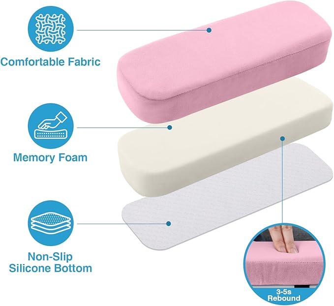 Smiry Ergonomic Office Chair Armrest Pads, Memory Foam Arm Rest Covers, Non-Slip Armrest Cushion with Adjustable Buckles and Straps, Elbow Relief for Desk, Gaming & Wheelchair (Pink, Set of 2)