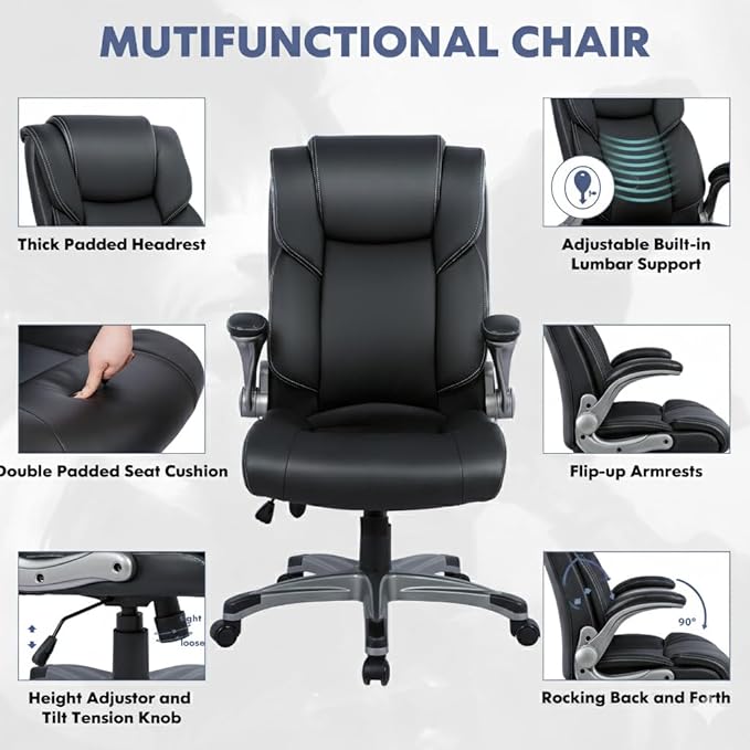 Ergonomic Executive Office Chair with Lumbar Support, Flip-Up Arms, Bonded Leather High Back Desk Chair for Home Office & Workstation, Comfortable Computer Chair for Adults Men Women – Black Set of 2