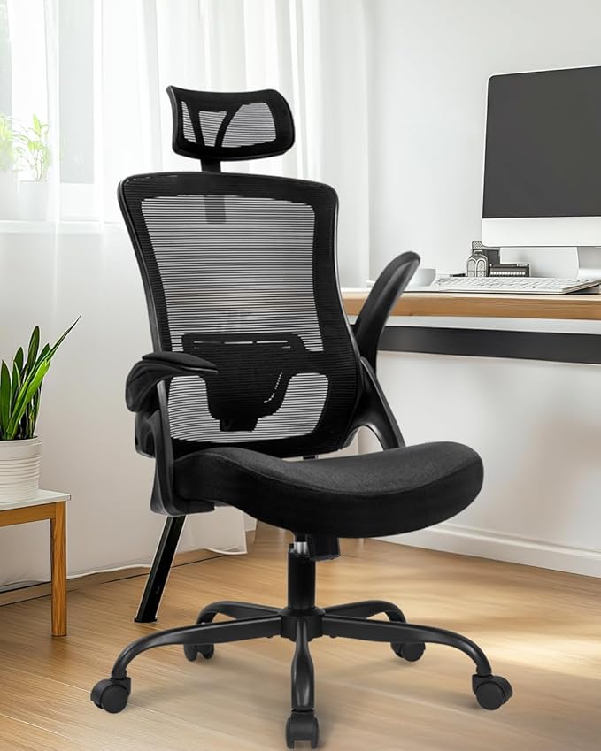 NEO CHAIR Office Chair High Back Desk Chair Comfy Gaming Computer Mesh Seat with Ergonomic Lumbar Adjustable Headrest Rolling Flip-up Armrests and Wheels (All Black)