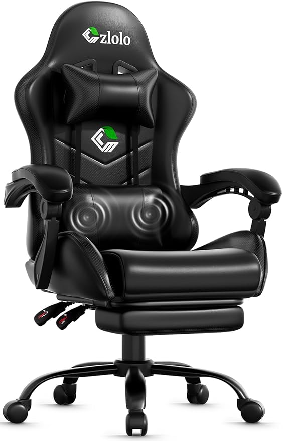 Czlolo Gaming Chair with Footrest Racing Style Lumbar Support Massager Video Game Chair with Metal Legs, High Back Gamer Chair with Headrest, 360° Swivel Office Computer Desk Chair, Black