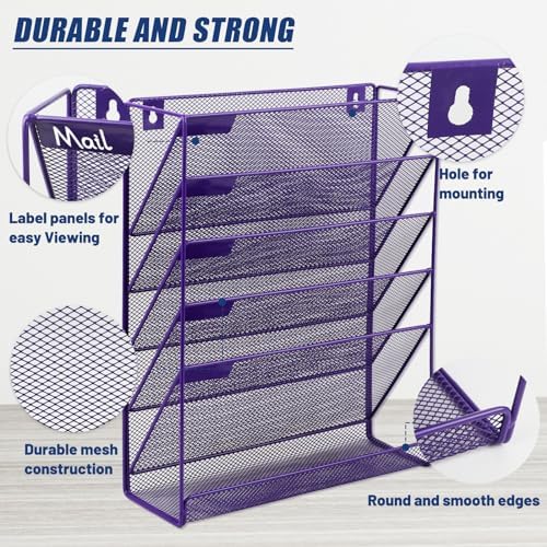 EASEPRES Desk File Organizer Mesh 6-Tier, Hanging Wall Mount Document Organization Stand, Desktop Vertical Mail Paper Folder Holder Rack with Bottom Tray for Office Home Cubicle Countertop, Purple