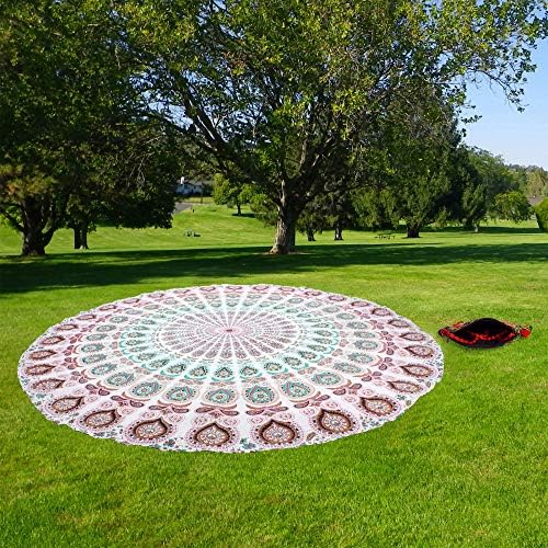 raajsee White Brown Round Beach Tapestry Hippie/Boho Beach Blanket Mandala/Indian Cotton Throw - Round Tablecloth/Home Decor/Indie Rug Yoga Mat Meditation Picnic Rugs 127 CM / 50 INCHE Circle
