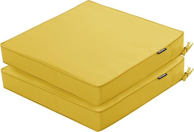 Outdoor Chair Cushions 19 x 19 Inch Water Resistant Patio Chair Cushions with Tie Color Fastness Thick Outdoor Seat Cushion for Garden Lawn Patio Furniture Yellow Set of 2