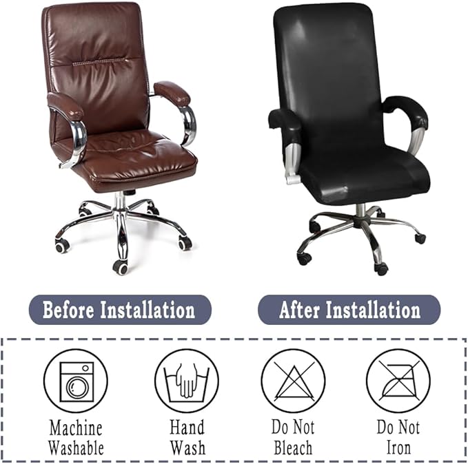ITFRO Waterproof Office Chair Cover with Armrest Covers Black PU Leather Computer Desk Chair Cover with Zipper Universal Rotating Gaming Chair Slipcover High Back Chair Seat Protector (Black)