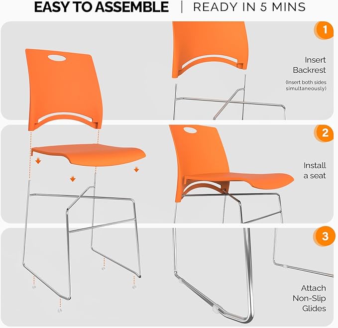 VINGLI Stacking Chairs Set of 20 Stackable Office Chairs with Metal Sled Base, Ergonomic Plastic Seat, Stacking Chairs for Waiting Room Break Room Banquet Guest, Orange