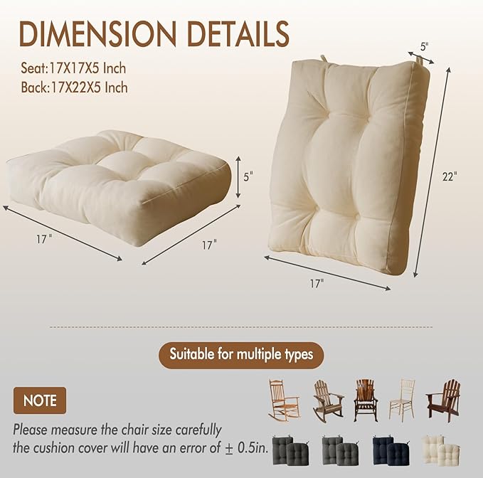 Rocking Chair Cushion, Set of 2, with Thicken Seat & Lumbar Support Back Cushion, Ergonomic Chair Cushion Non-Slip Bottom with Ties for Indoor/Outdoor Rocker, Office Chair, 22X17 Inch, Cream Color