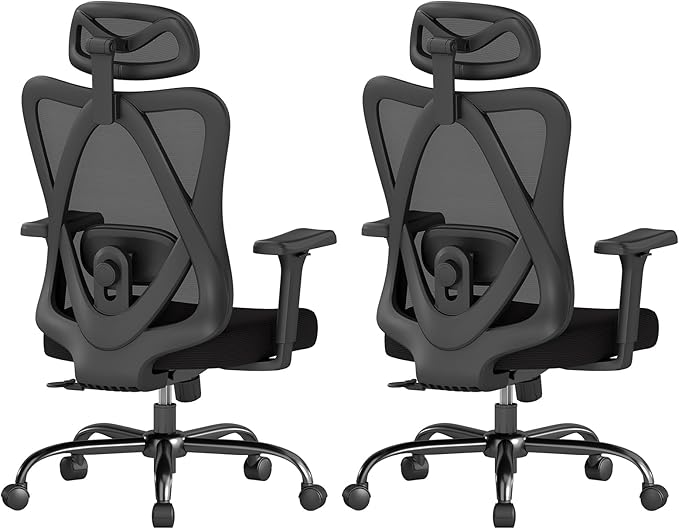 Ergonomic Office Chair with Adjustable Lumbar Support, High Back Mesh Computer Desk Chairs with 3D Headrest and Armrest, Rocking Function, for Home, Office, 2PC, Black