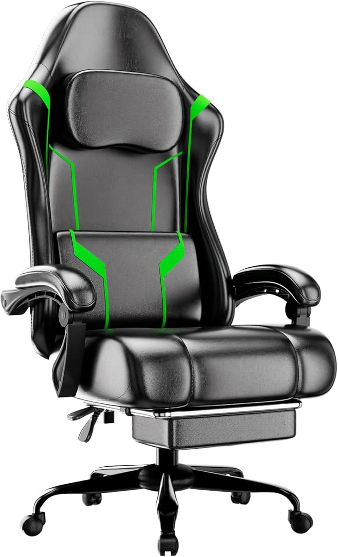 Ergonomic Gaming Chair, Video Game Chair with Pocket Spring Cushion and Footrest, Height Adjustable Computer Chair with Swivel Seat and Headrest (Green)