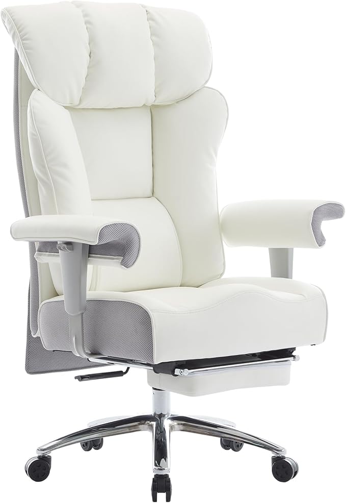 Efomao Big and Tall Office Chair 400lbs - Heavy Duty Executive Desk Chair with Foot Rest & 23" Wide Seat - High Back Ergonomic Leather Computer Chair for Heavy People, Home Office, White
