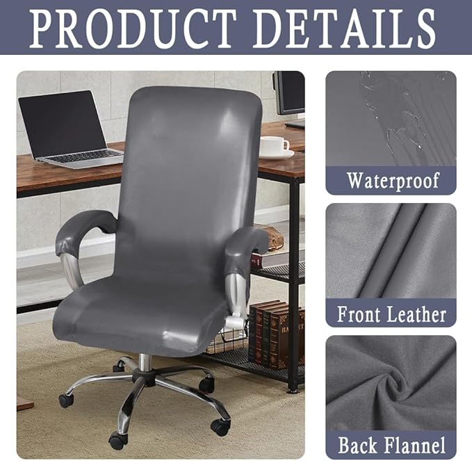 ITFRO Waterproof Office Chair Cover with Armrest Covers Grey PU Leather Computer Desk Chair Cover with Zipper Universal Rotating Gaming Chair Slipcover High Back Chair Seat Protector (Grey)