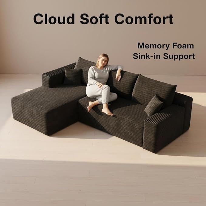 94" Black Boneless Couch with Left Facing Chaise for Living Room,Corduroy L-Shaped Sectional Couches,Compressed Memory Foam Cloud Sofa,No Assembly Required,Black