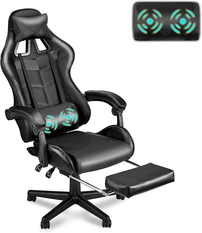 Soontrans Black Gaming Chairs with Footrest, Ergonomic Gamer Chair, Home Office Chair,PC Computer Chair with Headrest and Lumbar Support(Dark Black)