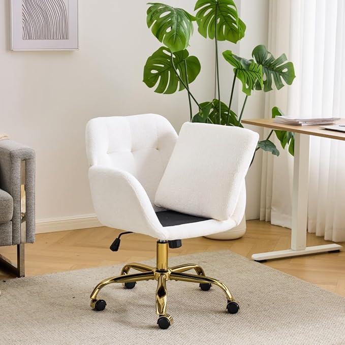 VINGLI Comfy Fuzzy Vanity Chair, Swivel Makeup Chair with Wheels, Upholstered Height Adjustable Armchair with Gold Base, Modern Ergonomic Desk Chair for Bedroom, Home Office, Pure White