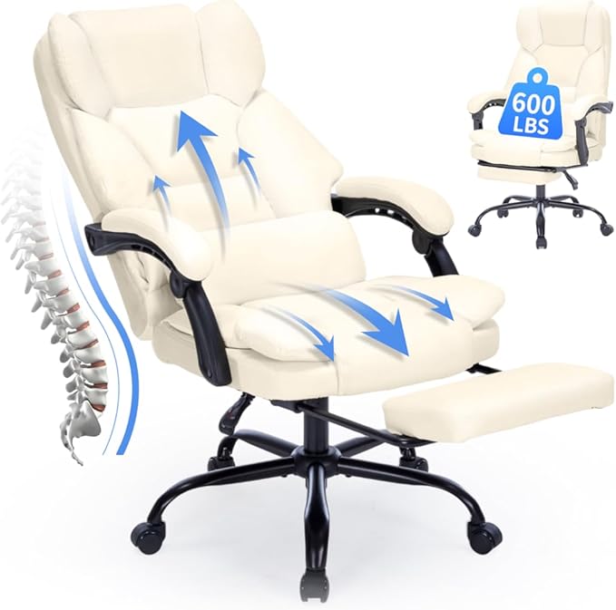 600lbs Office Chair with Footrest, Executive Chair with Padded Armrests, Reclining Desk Chair with Lumbar Support, High Back Leather Chair for Heavy People