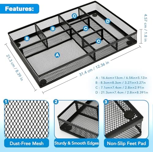 shenee Desk Drawer Organizer Tray,Drawer Organizer for Office and Home,Desk Organizer with Drawers,7 Compartments,Non-Slip Desk Organizers (Black, 12.3" L x 8.3" W x 1.8" H)