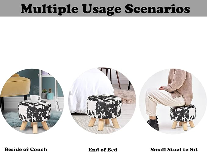 Homebeez Small Round Ottoman Foot Stool Rest with Non-Skid Legs (Black Cow)