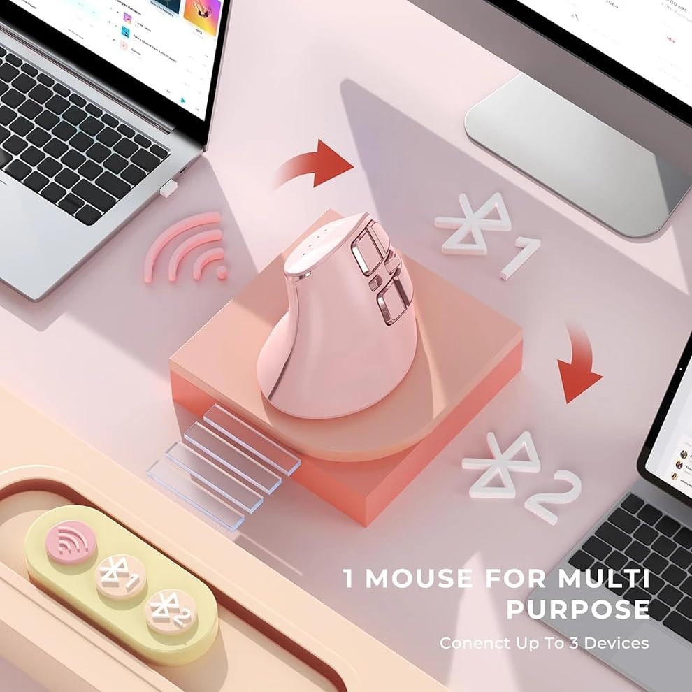 Vertical Mouse, Wireless Ergonomic Optical Mouse (BT 5.0 + Bluetooth 3.0 + USB Connection) with 9 Buttons, Rechargeable Computer Mouse for Wins PC/Laptop, Mac (Pink)
