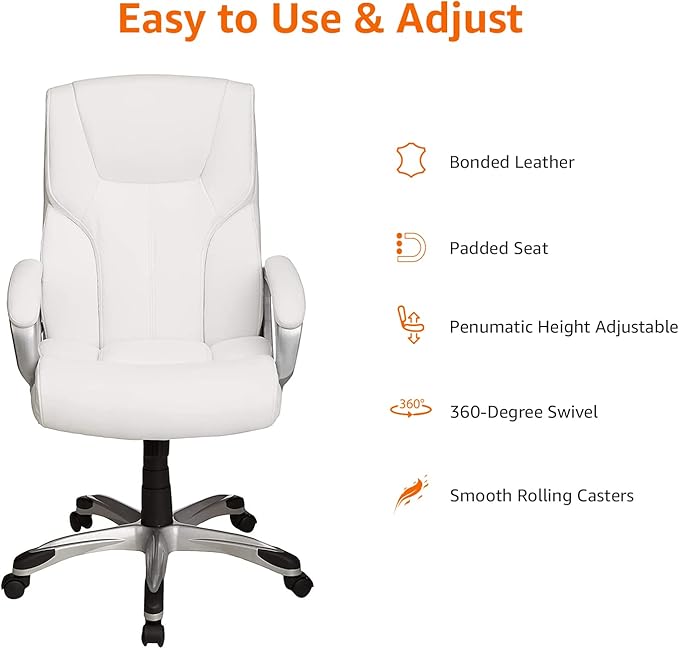 Amazon Basics Executive High Back Office Desk Chair, Adjustable Height, Tilt, Swivel, 275lb Capacity, Bonded Leather, White/Pewter