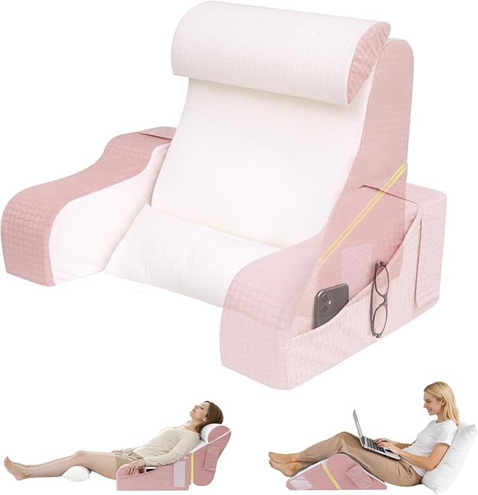 5PCS Reading Pillow for Sitting in Bed Adult, 2 in 1 Foldable Back Wedge Pillow for Sleep, Ergonomic Back Support Pillow with Arms for Watching TV, Gaming, Working, Recovery, 19” Pink