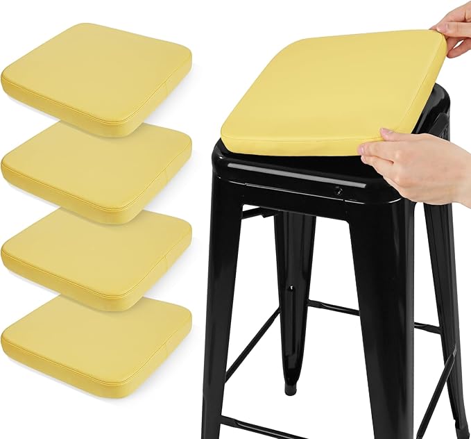 SINOSSO Modern Faux Leather Bar Stool Cushions 4 Pack, Leathaire Magnetic Small Chair Pads for Cafe Bistro Stackable Metal Stools (Square, Yellow, 4)