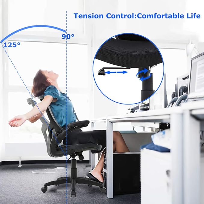 BestOffice Home Office Chair Mesh Desk Chair Computer Chair with Lumbar Support Flip Up Arms Ergonomic Chair Adjustable Swivel Rolling Executive Mid Back Task Chair for Women Adults, Black