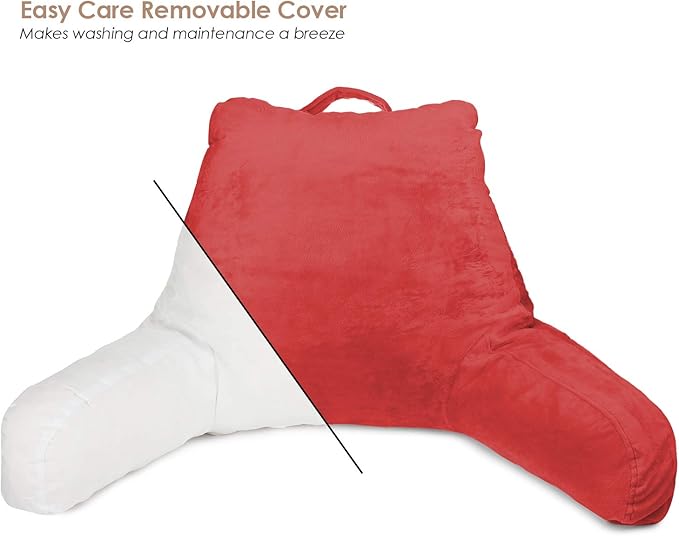 Clara Clark Reading Pillow with Shredded Memory Foam for Sitting Up in Bed and Couch, Back and Arms Adjustable Support for Adults & Teens Backrest Pillows for Reading, with Washable Cover Red