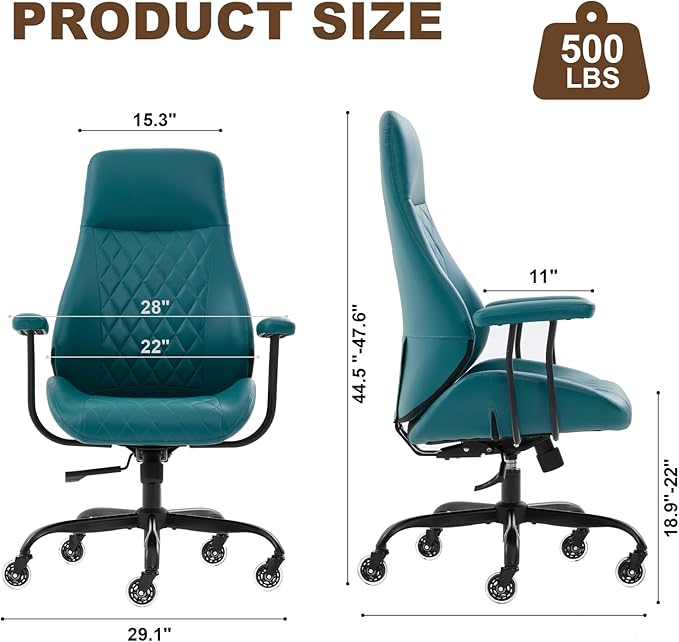 E-Motie Office Chair with Rubber Wheels, Ergonomic Computer Chair 500 lbs, Leather Desk Chair with Lumbar Support, Executive Chair Adjustable Height & Recline, Green