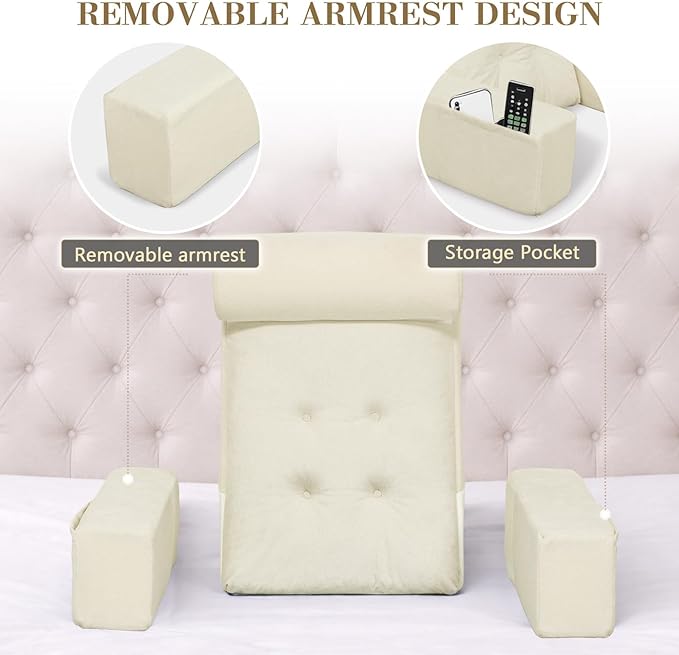 Bed Pillow for Sitting Up, Dual-Layer Memory Foam Reading Pillow for Bed Adult with Adjustable Headrest & Detachable Arms for Relaxing, Beige