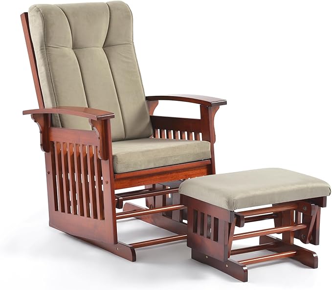 Solid Wood Glider Rocking Chair and Ottoman Set, Rustic Nursery Glider Rocker with Padded Cushion, Smooth Rocking Motion Indoor Living Room Nursing，Napping，Reading, Brown