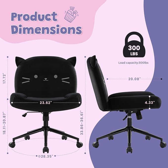 IWMH Armless Office Desk Chair with Wheels,Ergonomic Criss Cross Legged Computer Chair with Fabric Padded, Height Adjustable Wide Seat Vanity Chairs,Mid Back Task Chair for Home, Bedroom (Black)