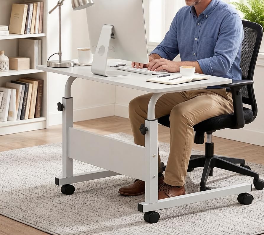 Standing Desk - Side Table Adjustable Height, Portable Laptop Cart, C-Shaped Bed Couch end Tables with Edge Stopper - Wheels for Living Room Bedroom Walking Pad Treadmill 31.5Inch White