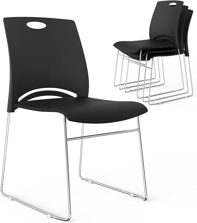 VINGLI Stacking Chairs Set of 4 Stackable Office Chairs with Metal Sled Base, Ergonomic Plastic Seat, Stacking Chairs for Waiting Room Break Room Banquet Guest, Black