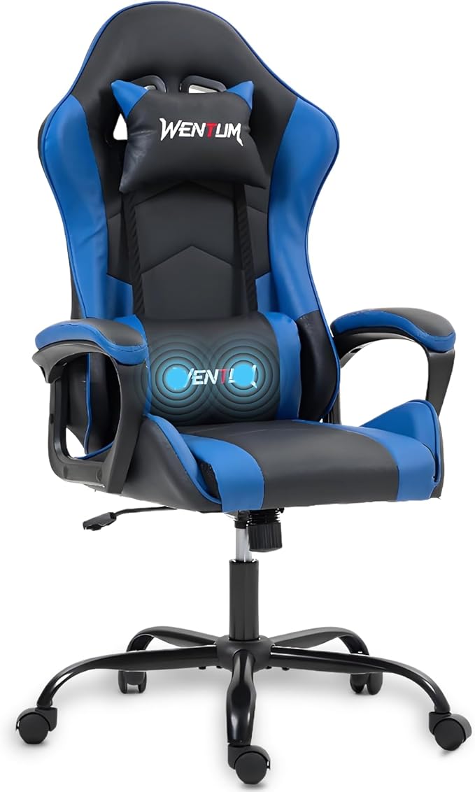Gaming Chair PU Leather Massage PC Video Game Chair with Lumbar Support for Men Women, Home Office, Height Adjustable, Ergonomic, High Back, Blue