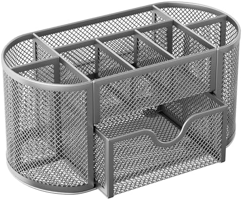EasyPAG Mesh Pen Holder Desk Organizer with Drawer Stationery Supplies Organizer for Dorm School 9 Compartments Workspace Desk Accessories Organization for Office, Silver
