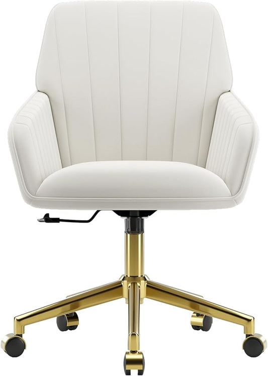 YISHENG Velvet Home Office Chair with Gold Base Upholstered Tufted Modern Height Adjustable 360 Degree Swivel Desk Chair with Wheels, Vanity Chairs for Living Room, Bedroom,Study Room (Cream)
