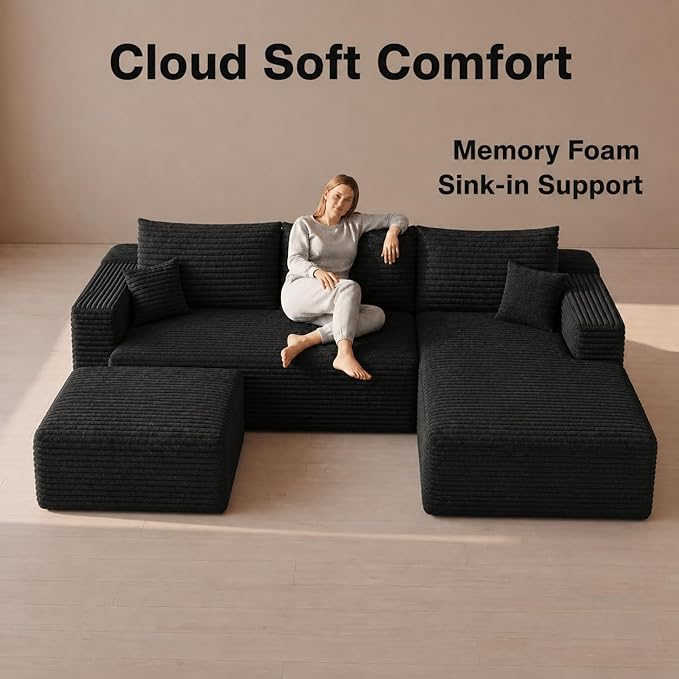 94" Black Fluffy Couch with Ottoman for Living Room, Corduroy No Bones Sectional Couch,Compressed Memory Foam Cloud Sofa,No Assembly Required,Right Facing Chaise,Black