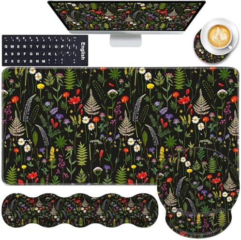 Mouse Pad,Large Pink Desk Mat, 4in1 XXL Mousepad + Keyboard Wrist Rest+Mouse Wrist Rest+Coaster Set with Ergonomic Desk Pad for Home Office Table Computer-Cute Flowers