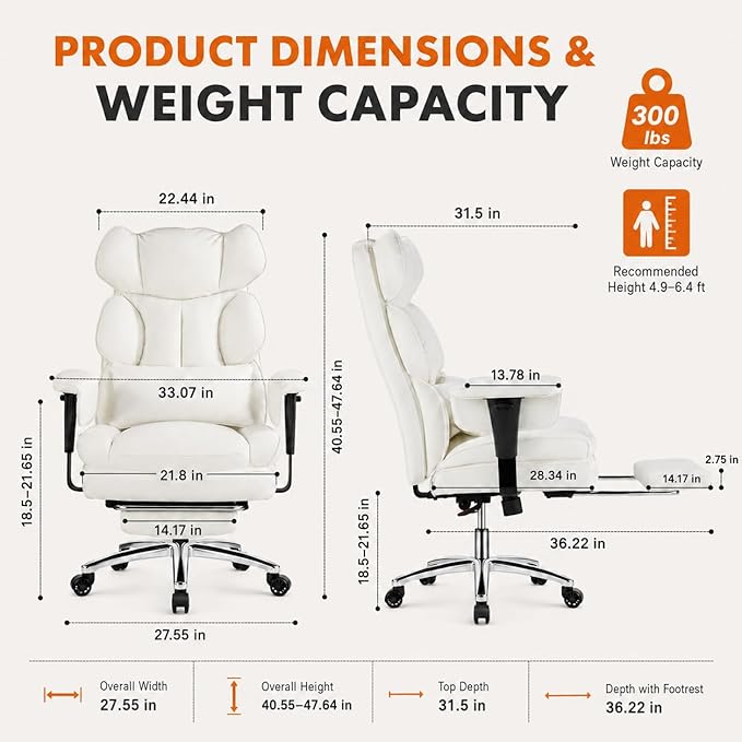 Big and Tall Ergonomic Office Chair with Footrest, Executive High Back PU Leather Desk Chair, Reclining Computer Chair with Adjustable Lumbar Support and Armrests, Swivel Rolling Gaming Chair, Beige