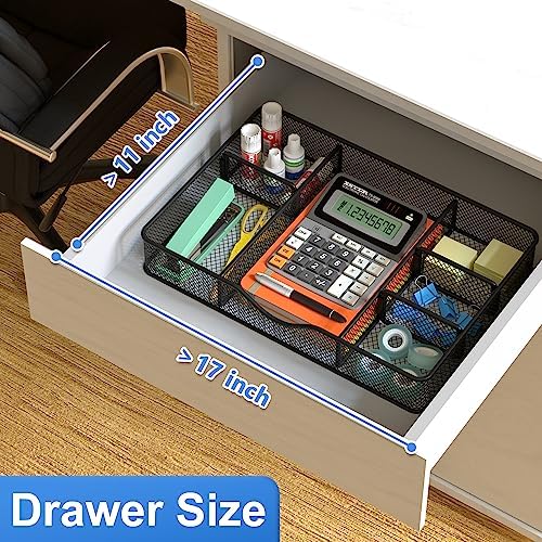 VyGrow Desk Drawer Organizer, Metal Mesh Drawer Organizer Tray with 6 Adjustable Compartment, Tray Organizer for Desktop, Kitchen, Bathroom, Makeup, Vanity - 14.5x8.8x1.96 inch, Black, 1PC Large